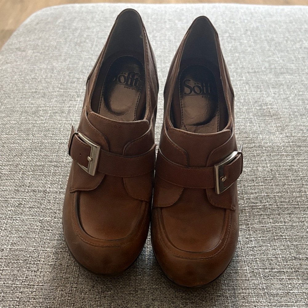 Sofft Brown Leather Buckle Slip-On Loafers
